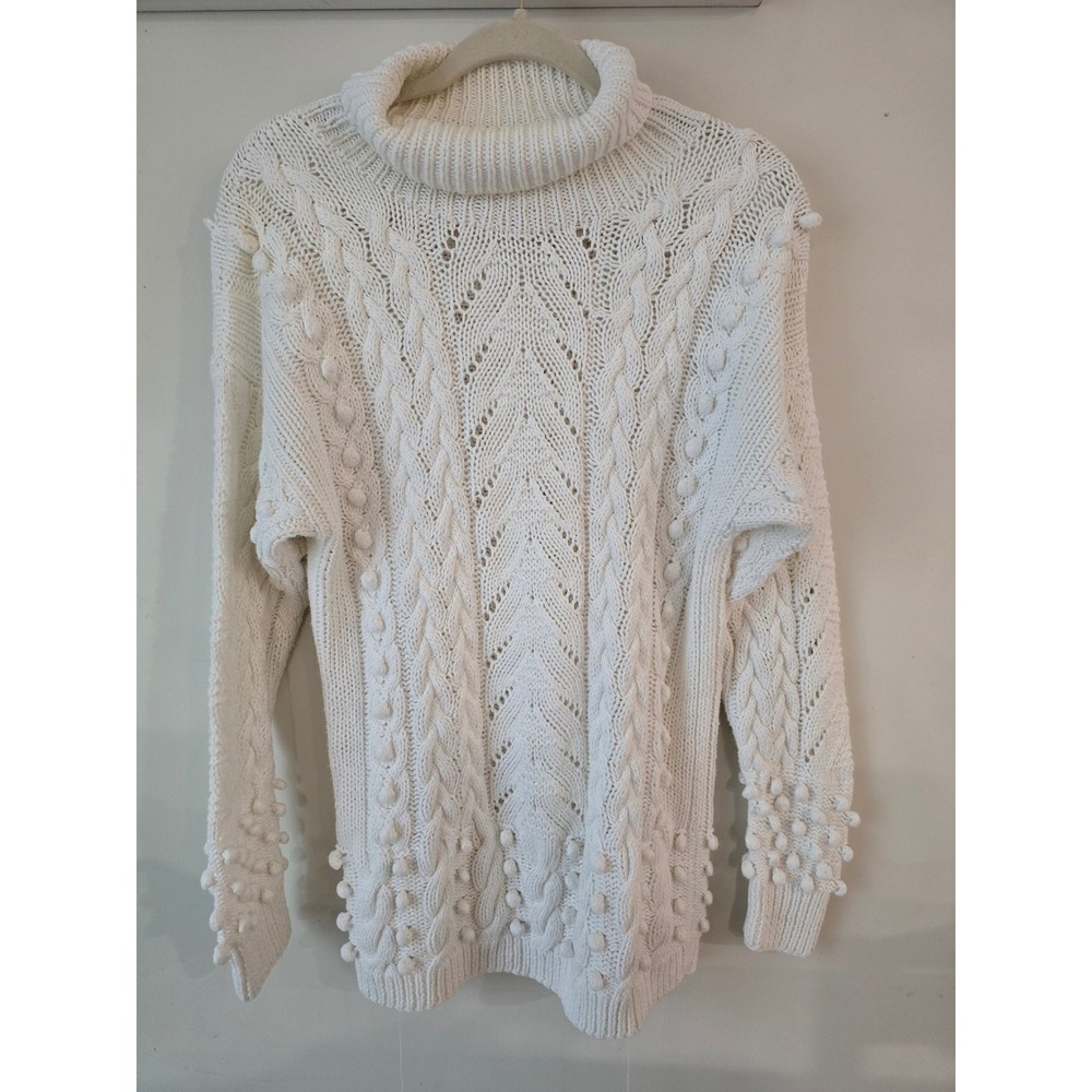 Calliope Cable Knit‎ Pom Pom Turtleneck Sweater Textured Cream